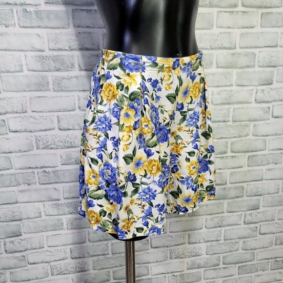 Vintage 90s Paris Blues Blue Yellow Floral Pleated High Waisted Flowy Shorts - Picture 4 of 7